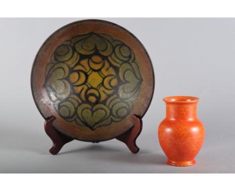 A Poole "Aegean" pattern bowl, 13 1/4" dia x 4" high, and a Royal Lancastrian Pilkington orange lustre glazed vase, 6 3/4" hi