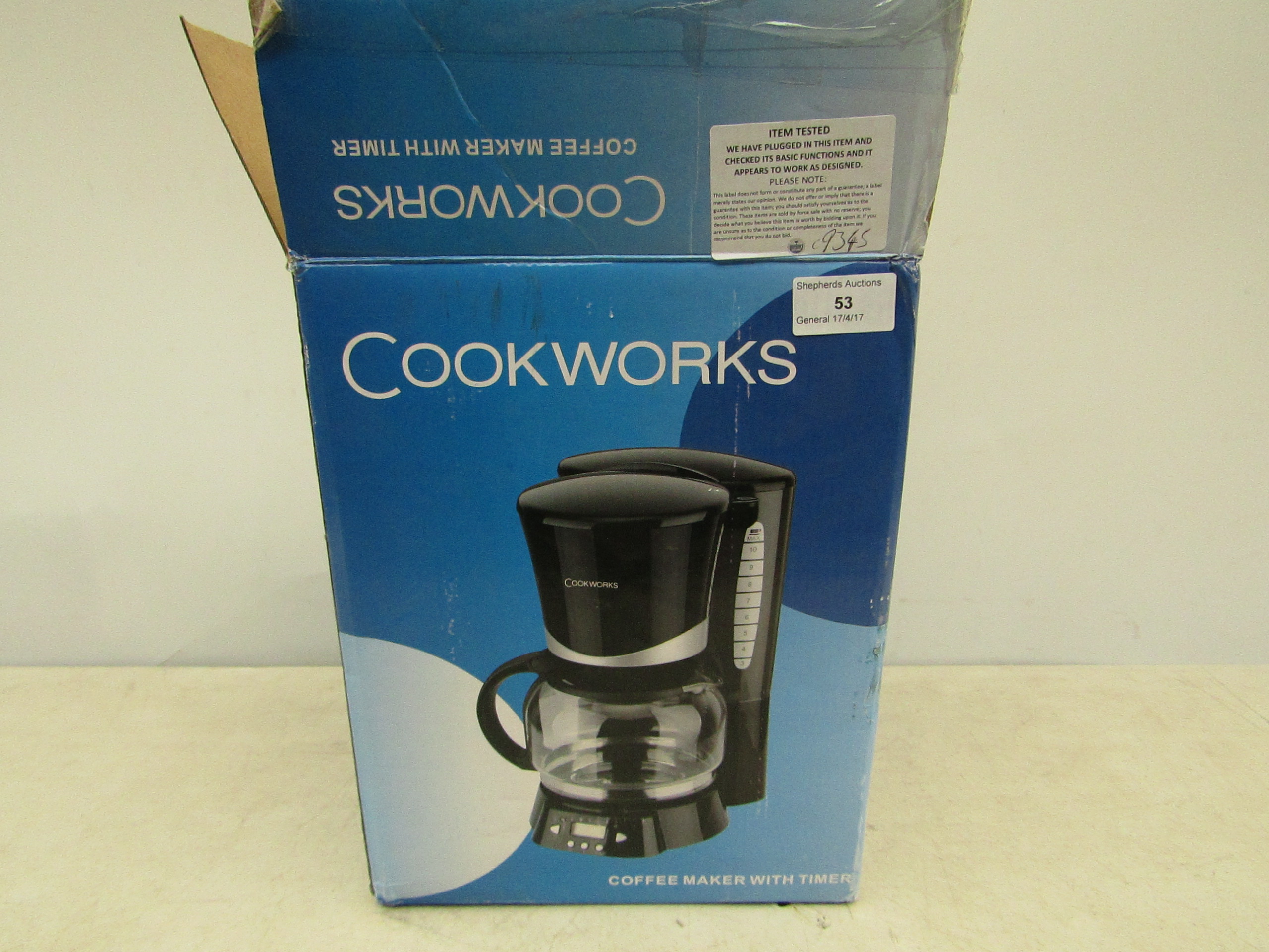 Cookworks coffee maker with timer, tested working and boxed.