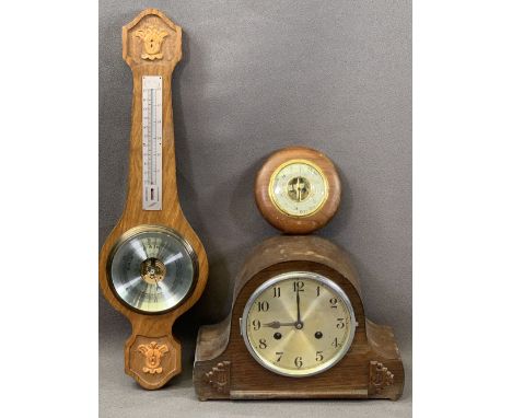 MANTEL CLOCK - polished, chiming, eight day with pendulum and key, 22 x 30cms and two wall barometers