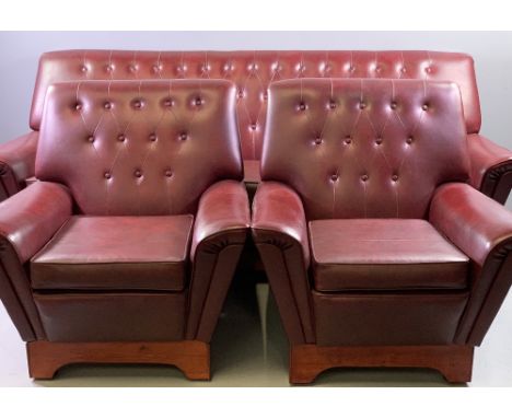 VINTAGE STYLE LEATHER EFFECT THREE PIECE SUITE comprising three seater sofa and two armchairs - mid-Century style in ox blood