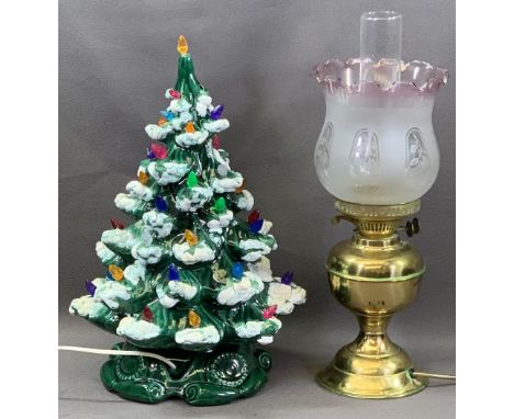 JENNY PHILLIPS OF WALES POTTERY Christmas tree lamp, 47cms H, brass based oil lamp with etched glass shade ETC