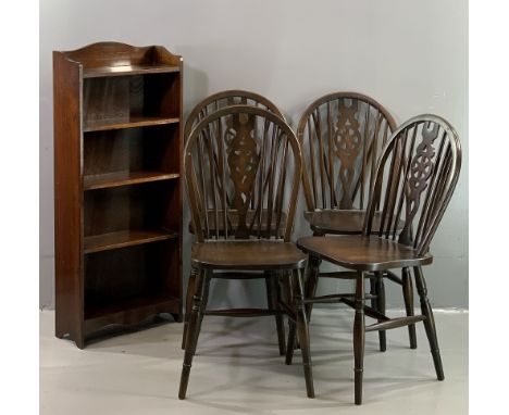 SET OF FOUR DINING CHAIRS, wheelback, 90cms H, 38cms W, 32cms D and a polished narrow five open shelf bookcase, 107cms H, 46c