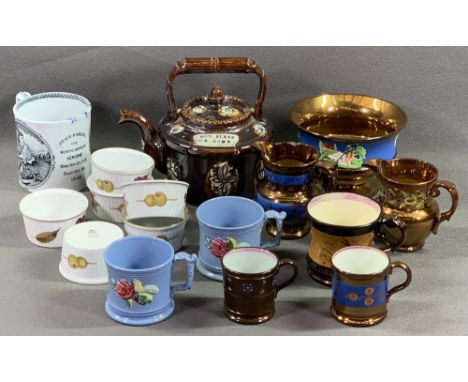 CHINA - treacle glazed teapot 'God Bless Our Home', copper lustre, Royal Worcester 'Evesham' ramekins, 'Grace Darling, The No