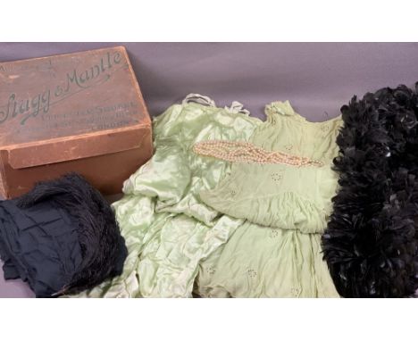 VINTAGE LADY'S CLOTHES, FEATHERS &amp; PEARLS in an old retail box for 'Stagg &amp; Mantle, Leicester Square, London'