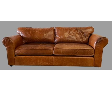 VINTAGE TYPE SOFA in tan leather/leather effect, 88cms H, 238cms W, 98cms D, labelled as 'Buffalo Pull-up Leather'