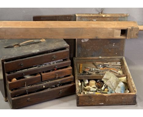 ENGINEER'S VINTAGE TOOLBOX with multiple drawers and tool contents, 17.5cms H, 40cms W, 22cms D and another lidded wooden box