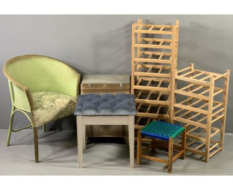 FURNITURE ASSORTMENT - loom type chair and basket, small modern shelf racks, string topped stool and another footstool