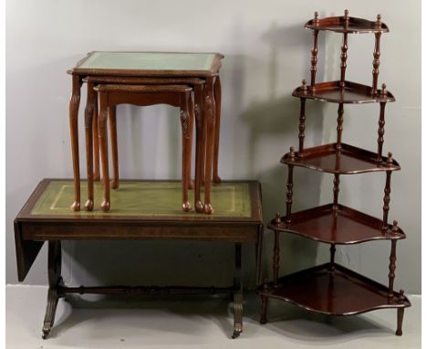 REPRODUCTION SOFA TABLE with tooled leather effect top and lyre ends, 50cms H, 94cms W, 48cms D (closed), a similar style nes