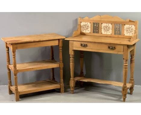 ANTIQUE PINE WASHSTAND with tiled railback, single drawer and base shelf, 105cms H, 89cms W, 40cms D and a pine three tier st