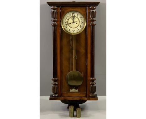 VIENNA PENDULUM WALL CLOCK - painted dial with brass bezel, initialled 'G B' to the dial, with twin weights and pendulum, 94c