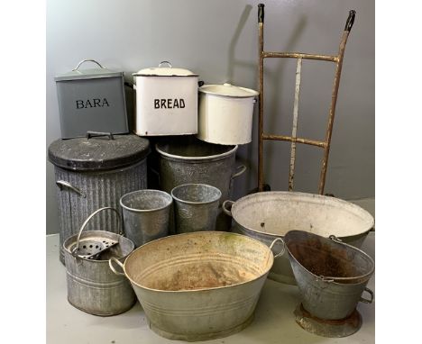 VINTAGE GALVANIZED BATHS (2), galvanized bins, pail, enamel bread bins and an old parcel trolley