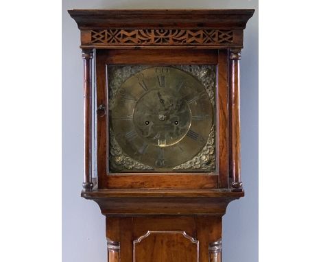 MAHOGANY LONGCASE CLOCK, Owen Evans, Llanerchymedd, eight day movement, brass dial with fretwork detail to the hood, 195cms H