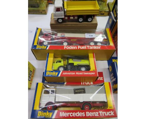 Dinky 449 Road Sweeper, 950 Foden Fuel Tanker and 940 Mercedez Benz Truck and unboxed 432 Foden Tipper