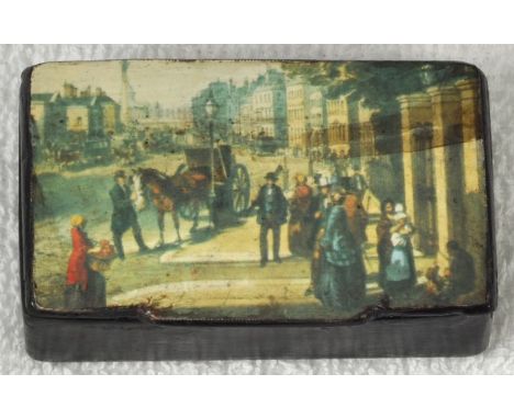 Schnupftabaksdose, in der Art Stobwasser, 2. H. 19. Jh. Papiermachè, dunkelbraun lackiert, auf dem Scharnierdeckel Straßensze