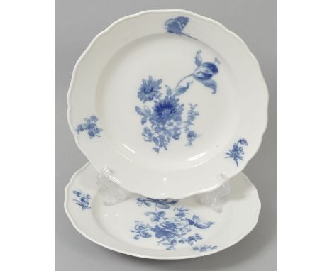 Paar Teller, Meissen, 2. H. 19. Jh. Neuer Ausschnitt, Blaue deutsche Blume und Insekten (Aquatintadruck). Schwertermarke, 2 S