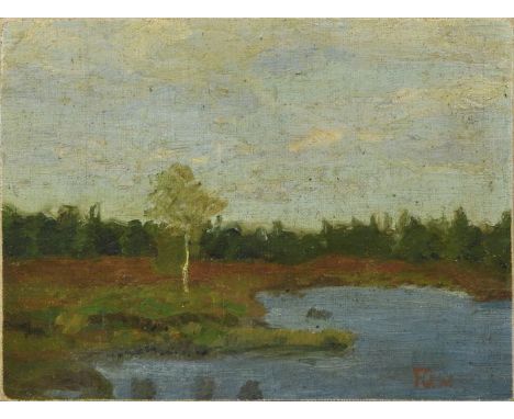 Overbeck, Fritz (?). 1869 Bremen-1909 Bröcken bei Vegesack Worpsweder Landschaft mit einzelner Birke an Weiher. Im Hintergrun