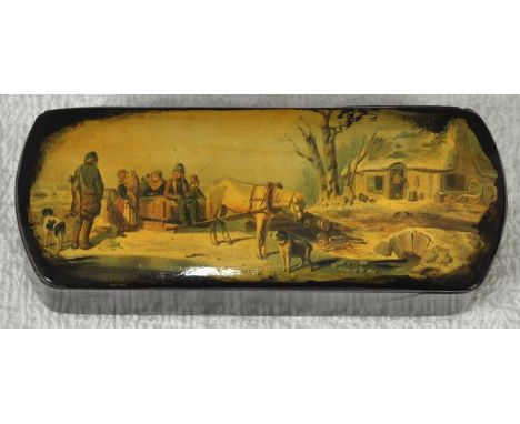 Dose, in der Art Stobwasser, 2. H. 19. Jh. Pappmaché mit dunkelbraunem Lack, auf dem Deckel niederländische Szene mit Pferdes