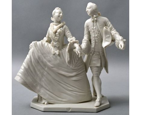 Tanzpaar, Nymphenburg, 20. Jh. Entwurf Franz Anton Bustelli ca. 1755. Porzellan, weiß. Kavallier am Zeigefinger min. best. Bl