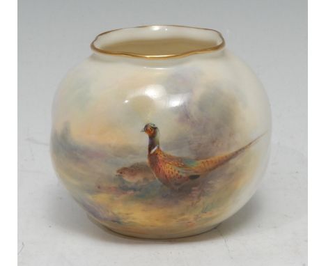 A Royal Worcester wrythen moulded spherical vase,   painted by James Stinton, signed, with a brace of pheasants, 8cm high, pr