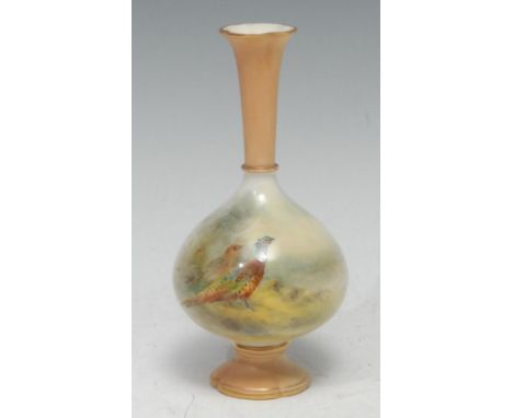 A Royal Worcester vase, painted  by James Stinton, signed,  with a brace of pheasants, 13.5cm high,  printed crown and circle