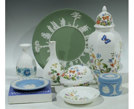 An Aynsley Cottage Garden pattern tapering hexagonal ginger jar and cover, 23.5cm; a similar egg and trinket dish; a wedgwood