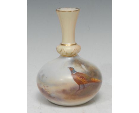 A Royal Worcester globular  vase, flared neck, painted  by James Stinton, signed, with a brace of pheasants, 13cm high, print