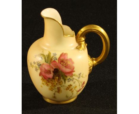 A Royal Worcester blush ivory ovoid jug, printed and painted with summer flowers, picked out in gilt, pattern number 1094, 11