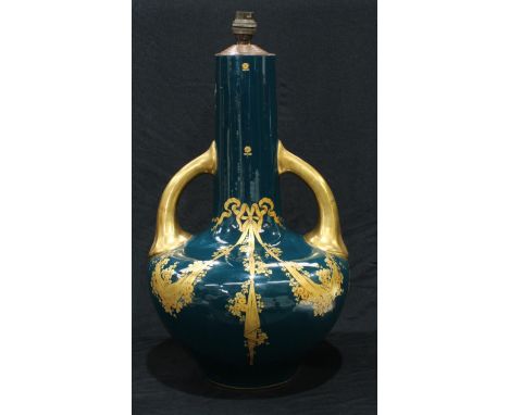 A large French urnular table lamp, gilt swags on blue ground, two gilt handles, approximately 50cm over fitting 