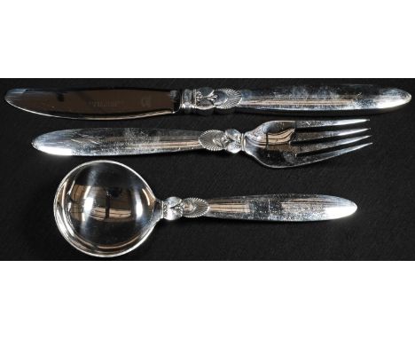 Georg Jensen - a Danish silver Cactus [Kaktus] pattern knife, fork and spoon, designed by Gundorph Albertus], oval mark 
