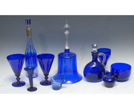 A Victorian blue glass bell, clear glass handle, 37cm high, c.1880;  a pair of Victorian wine glasses, funnel shaped bowls, k