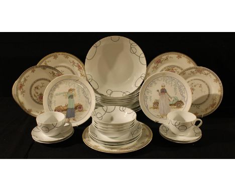 A Johnson Brothers Sphere pattern part dinner and tea service; a pair of Hammersley plates printed with female 1920s figures;