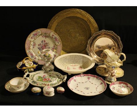 A late 18th century Chinese polychrome plate, tea bowl and saucer; other 18th/19th century English ceramics, teapot stand, Ro