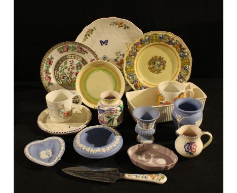 A Clarice Cliff Bizarre tea pot stand; a Wedgwood Jasperware vase, heart shaped trinket dish, etc; a Poole vase, others; an A