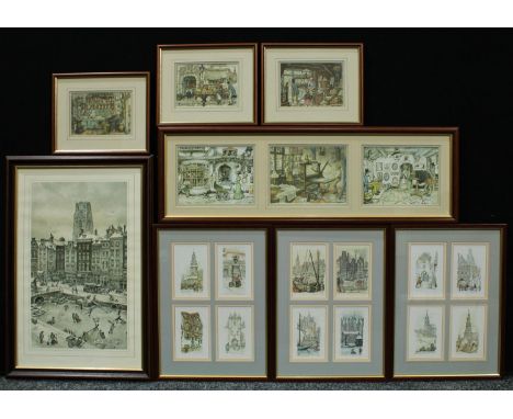 Anton Pieck, after, Our Rotterdam, print, 45cm x 26.5cm; others, three sets of four Anton Pieck postcard sized prints; three 
