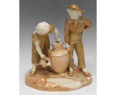 A Royal Worcester figure group. after James Hadley,  of a boy and girl with an amphora and water jug, in burnished gilt and g