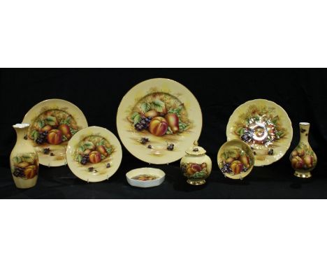 An Aynsley Orchard Gold pattern dinner plate, 27cm diameter, others, two vases, jar and cover, assorted plates and trinket di