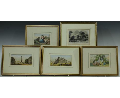 A Baxter print, The Country Maid, 7.5cm x 10.5cm, framed;  others, Colonne de Juillet;  Hotel de Ville, Belles of the East;  