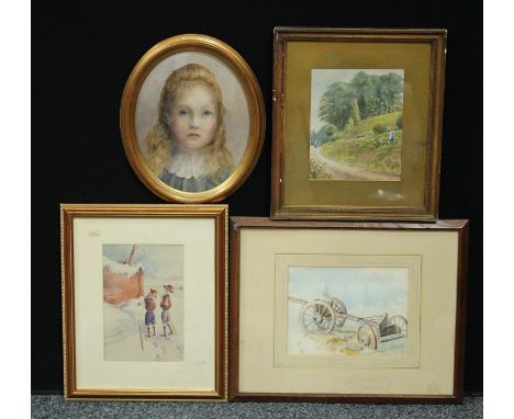 R W Pike, A Stroll in Darley Park, watercolour, signed; attributed to Barrett, The Boy Scouts Dilemma, watercolour, reputedly