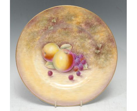 A Royal Worcester circular plate, painted by S Smith, signed with apples and raspberries, on a mossy ground, 23.5cm diam, pri