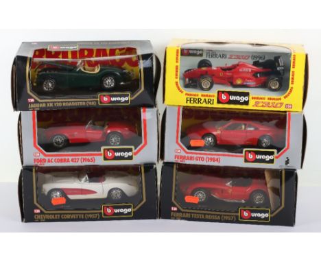 Six Burago 1:24 scale boxed die-cast models, with, Cod.0572 Ferrari GTO, Cod.6501 Ferrari F310, Cod.0513 Ford AC cobra 427, C