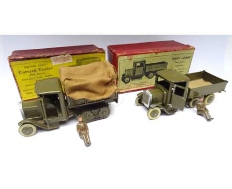 Britains set 1335 six-wheel Army Lorry and 1433, Covered Lorry, Caterpillar type, FIRST VERSION, square nose, khaki finish, w
