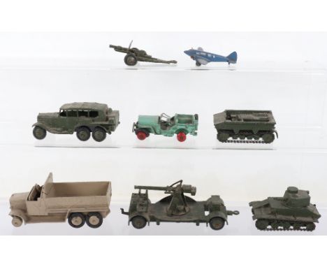 Selection of play worn Dinky Toys Military diecast models, including Six-wheel jeep, green jeep, light transport plane, light