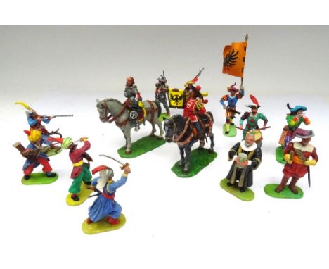 Elastolin plastic 70mm scale Landsknechts (two mounted), four Turks, three WWII Germans, two Saxons and two US 7th Cavalry  (