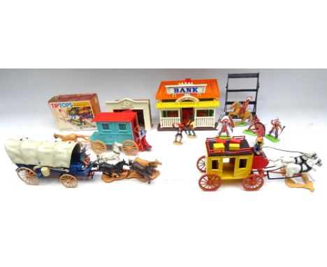 Timpo plastic Wild West Jail Wagon Stage Coach, two Mexicans, empty box for set 44055, Britains Prairie Schooner with four ho