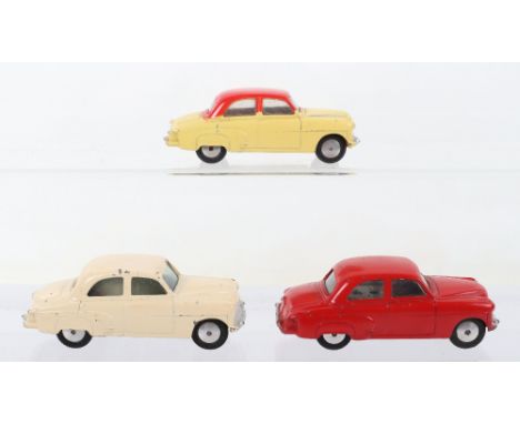 Three Vintage Corgi toys unboxed “203” Vauxhall Velox models, including full cream body, lemon body with red roof and full re