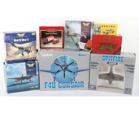 Selection of boxed diecast model aircraft, including, collection armour 1:48 scale Spitfire and F4U Corsair, Corgi aviation a