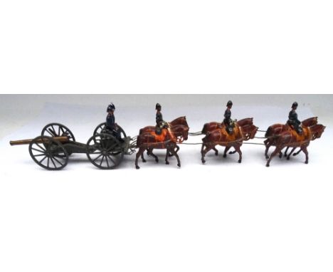 Britains set 144, Royal Field Artillery Gun Team FIRST VERSION six horse team, fumed metal finish to gun and limber, two seat