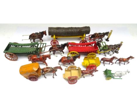 Charbens Timber Wagon, two one-horse farm wagons (two hay rakes missing), cape cart (repainted), two milk carts (one with sha