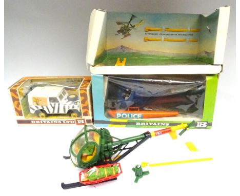 Britains 9611 Hughes 300C Police Helicopter 9761 Hughes 300C Army Medevac Helicopter (both damaged), two 9594 Safari short wh