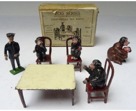 Taylor and Barrett early Chimpanzee's Tea Party in original illustrated box, with Keeper, three Chimpanzees, three chairs and